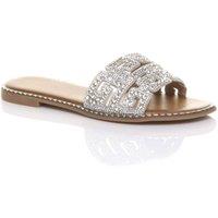AJVANI Women's Flat Heel Diamante Mule Sandals Sliders in Silver | Size: 3