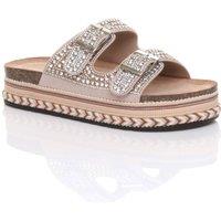 AJVANI Women's Low Heel Mule Platform Chunky Sole Diamante Buckle Footbed Sandals in Beige | Size: 3