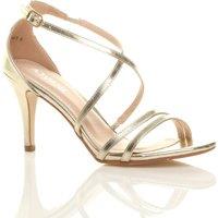 AJVANI Women's High Heel Crossed Straps Buckle Faux Leather Heeled Sandals in Metallic Gold | Size: 4