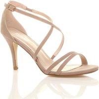 AJVANI Women's High Heel Crossed Straps Buckle Faux Suede Heeled Sandals in Nude | Size: 4