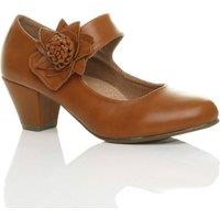 AJVANI Women's Mid Block Heel Mary Jane Comfort Court Shoes in Tan | Size: 9