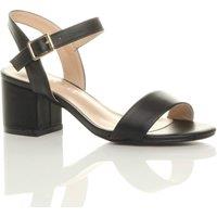 AJVANI Women's Mid Block Heel Ankle Strap Faux Leather Heeled Sandals in Black | Size: 7