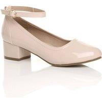 AJVANI Women's Low Block Heel Comfort Ankle Strap Patent Court Shoes in Nude | Size: 3