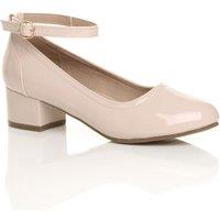 AJVANI Women's Low Block Heel Comfort Ankle Strap Patent Court Shoes in Nude | Size: 6