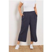 Yours Women's Linen Cropped Wide Leg Trousers in Dark Navy | Size: 22-24