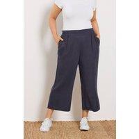 Yours Women's Linen Cropped Wide Leg Trousers in Dark Navy | Size: 30-32
