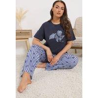 Yours Women's Shell Graphic Stripe Pyjama Set in Dark Blue | Size: 34-36