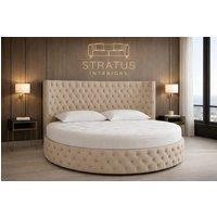 Stratus Interiors Globe Round Velvet Chesterfield Bed with Round Mattress in Light Beige | Size: Super King