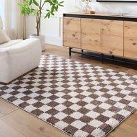 Livabliss Fossay Shag-Washable Beige Brown Green Grey Pink Cream Checkered Rug in Dark Brown | Size: 140 cm x 200 cm