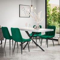 More4Homes Donni Dining Table & Chairs - White Marble Effect Table Top w Black Legs + Nova Velvet Dining Chair Set Of 6 in Green