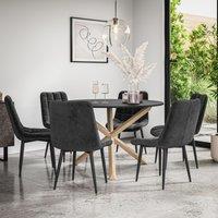 More4Homes Malvern Round Dining Table & Chairs - Black Table Top w Solid Oak Legs + Nova Velvet Dining Chair Set Of 6
