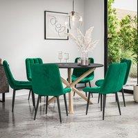 More4Homes Malvern Round Dining Table & Chairs - Black Table Top w Solid Oak Legs + Nova Velvet Dining Chair Set Of 6 in Green