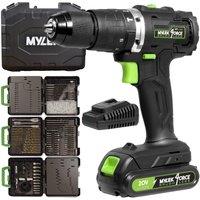 MYLEK Cordless Brushless Impact Hammer Drill 20V & 204 Piece Accessory Kit in Black