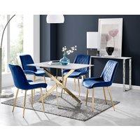FurnitureboxUK Leonardo White Glass Marble Effect Gold Leg Table & 4 Pesaro Gold Leg Chairs in Navy