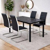 KOSY KOALA Black Marble Effect Dining with 4 Black Faux Leather Chairs
