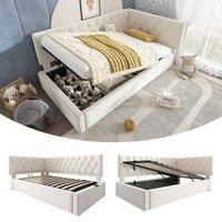 BTM Velvet Sofa Bed with Hydraulic Storage & Metal Frame, 90x190cm in Beige | Size: 90x190 cm