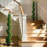 HOMCOM Set of 2 Potted Artificial Plants, Topiary Spiral Boxwood Trees in Green