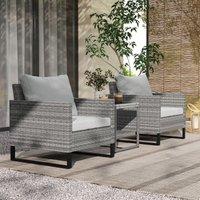 OUTSUNNY 3PCS Rattan Bistro Set Glass Top Table & Chairs with 4 Cushions in Light Grey