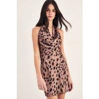 NastyGal Women's Satin Blurred Animal Scarf Tie Cowl Mini Dress in Tan | Size: 8