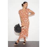 Dorothy Perkins Women's Petite Floral Ruffle Sleeve Button Midi Dress in Rust | Size: 12