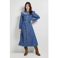 Dorothy Perkins Women's Frill Yoke Denim Dress in Mid Wash | Size: 8
