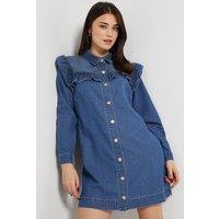 Dorothy Perkins Women's Frill Yoke Denim Mini Dress in Mid Wash | Size: 14