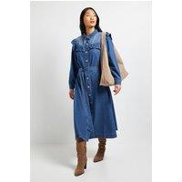 Dorothy Perkins Women's Petite Frill Yoke Denim Dress in Mid Wash | Size: 16