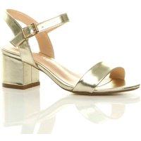 AJVANI Women's Mid Block Heel Ankle Strap Faux Leather Heeled Sandals in Metallic Gold | Size: 4