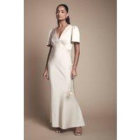Oasis Women's Deep V Fluted Sleeve Maxi Bridesmaid Dress in Champagne | Size: 14
