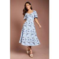 Coast Women's Embroidered Cotton Puff Sleeve Midi Dress in Blue | Size: 12