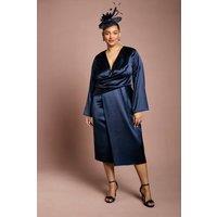 Coast Women's Plus Satin Wrap Front Dress With Flare Sleeve in Navy | Size: 22