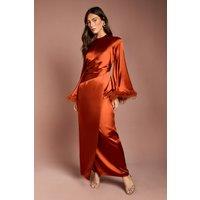 Coast Women's Feather Trim Satin Maxi Dress in Rust | Size: 12