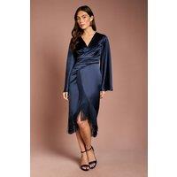 Coast Women's Satin Fringe Hem Wrap Waist Midi Dress in Navy | Size: 8