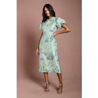 Coast Women's Petite Metallic Jacquard Puff Sleeve Pencil Dress in Green | Size: 10