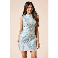 Dorothy Perkins Women's Petite DP Luxe Jacquard Halterneck Mini Dress in Blue | Size: 16