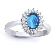 Jewelco London Women's 9ct White Gold Diamond Blue Topaz Classic Royal Cluster Ring 11mm in Silver | Size: K