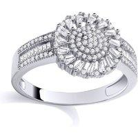 Jewelco London Women's Silver Baguette CZ Sunburst Diagonal Halo Domed Engagement Ring | Size: O