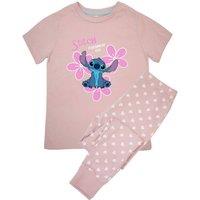Lilo & Stitch Girl's Experiment 626 Flowers Short-Sleeved Long Pyjama Set in Baby Pink | Size: 3-4 Years