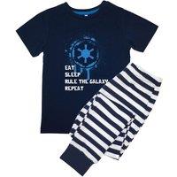 Star Wars Boy's Eat Sleep Repeat Striped Long Pyjama Set in Navy | Size: 7-8 Years
