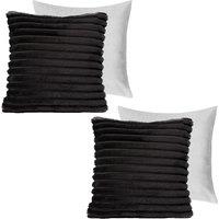 OHS 2 x Faux Fur Thick Rib Filled Cushion Covers in Black | Size: 45 cm x 45 cm