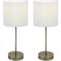 First Choice Lighting Set of 2 Antique Brass Stick Table Lamp with White Micropleat Shade in Bronze