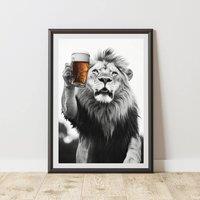 60 SECOND MAKEOVER Funny Lion Drinking Beer Print | Size: A4