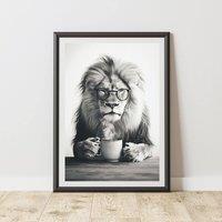 60 SECOND MAKEOVER Funny Lion Drinking Coffee Print | Size: A4