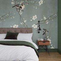 Superfresco Easy Birds & Blossom Dark Duck Egg Print To Order 3m x 2.8m Mural in Blue
