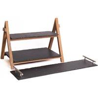 Artesa 2pc Slate Serveware Set with Rectangular Serving Platter & 2-Tier Slate & Wood Serving Stand in Black
