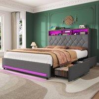 BTM Double Bed with 4 Storage Drawers, RGB LED & Charging Headboard in Grey