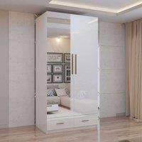 MN Furniture High Gloss 2 Door Hinged Wardrobe with Mirror & Drawers 90cm in White