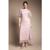 Oasis Women's Sequin Ruffle Detail Maxi Dress in Pink | Size: 14