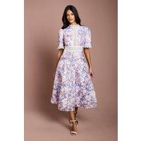 Coast Women's Petite Printed Lace Short Sleeve Trim Detail Midi Dress in Lilac | Size: 10