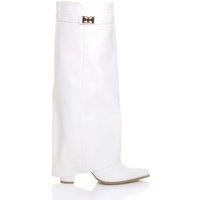 AJVANI Women's High Block Heel Pointed Toe Fold Over Knee Boots in White | Size: 8
